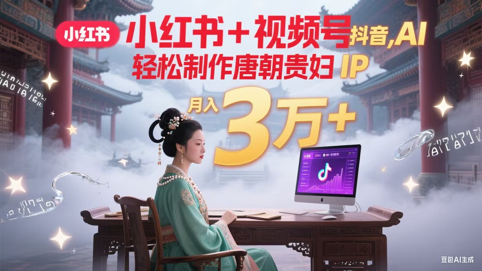 小红书+视频号+抖音，AI轻松制作唐朝贵妇IP，毒鸡汤、励志、减肥瘦身、养生赛道轻松切入，每天30分钟，轻松产出N条，月入3万+-秦汉日记