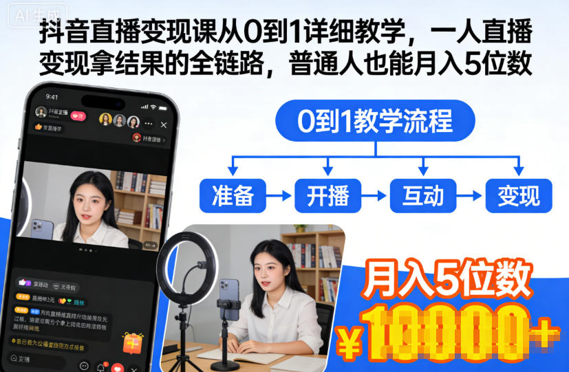 抖音直播变现课从0到1详细教学，一人直播变现拿结果的全链路，普通人也能月入5位数-九零网创