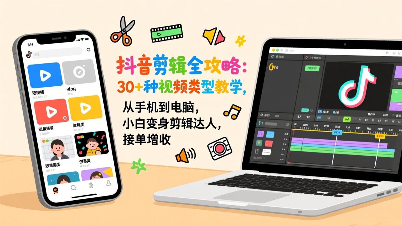 抖音剪辑全攻略：30+种视频类型教学，从手机到电脑，小白变身剪辑达人，接单增收-九零网创