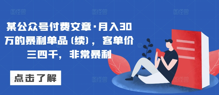 某公众号付费文章·月入30万的暴利单品(续)，客单价三四千，非常暴利-九零网创