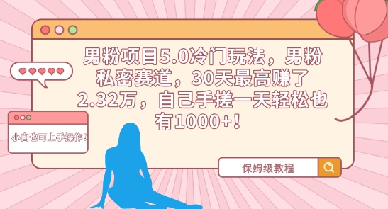 男粉项目5.0冷门玩法，男粉私密赛道，30天最高赚了2.32万，自己手搓一天轻松也有1000+-九零网创