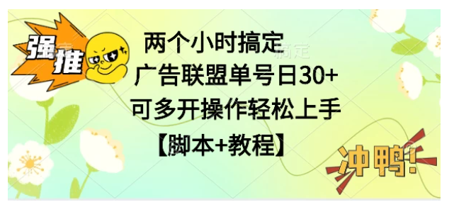 广告联盟掘金，每天2小时稳定收益单号30+可多开，轻松上手，全套详细【脚本+教程】-九零网创