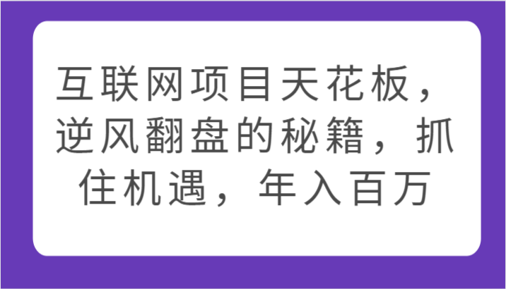 互联网项目天花板，逆风翻盘的秘籍，抓住机遇，年入百万-九零网创