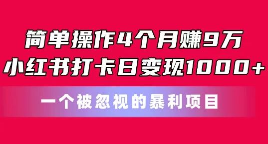 简单操作4个月赚9w，小红书打卡日变现1k，一个被忽视的暴力项目【揭秘】-九零网创