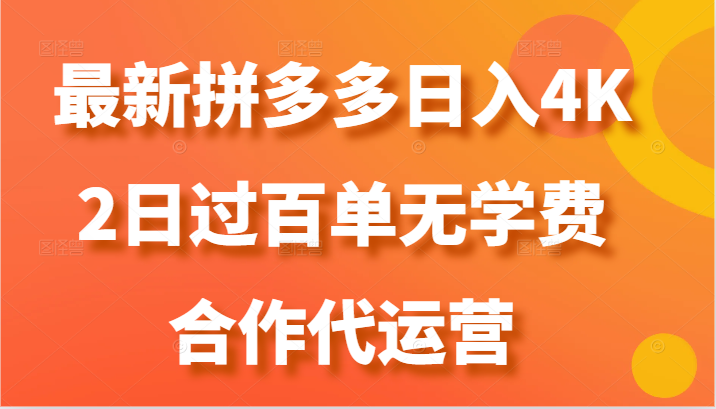 最新拼多多，日入4K+，2日过百单无学费，合作代运营-九零网创