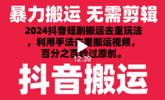 2024最新抖音搬运技术，抖音短剧视频去重，手法搬运，利用工具去重，达到秒过原创的效果-九零网创