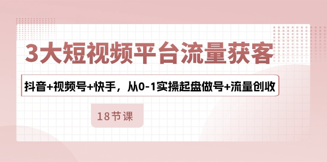 3大短视频平台流量获客，抖音+视频号+快手，从0-1实操起盘做号+流量创收-九零网创