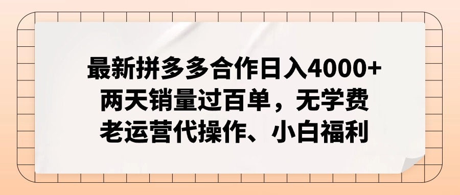 （12869期）拼多多最新合作日入4000+两天销量过百单，无学费、老运营代操作、小白福利-九零网创